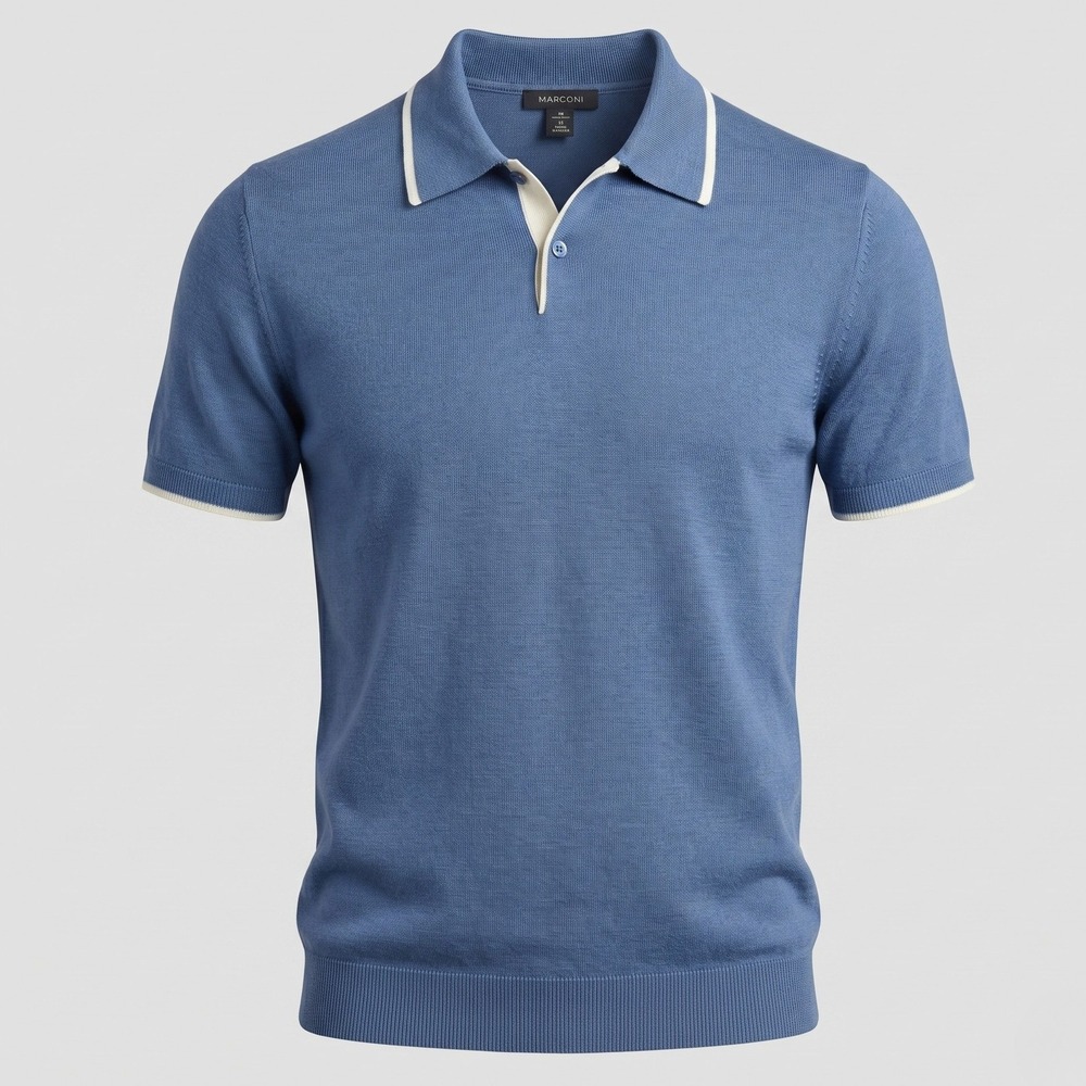 Marconi Mens XL Blue Polo Shirt Knit Short Sleeve Contrast Trim Retro